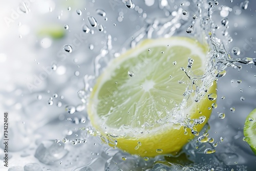 splash of water falls from the white background of lemon