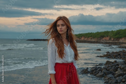 attractive young pretty woman no filter touch hair head dressed red on shore