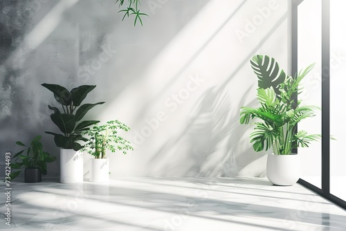 white, black, and grey room with plants