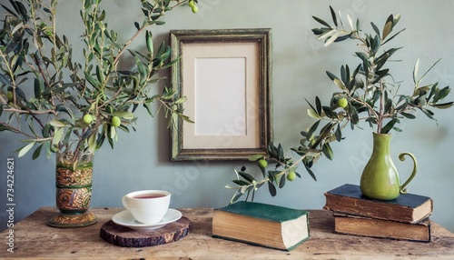 elegant mediterranean home interior summer home still life photo vase with green olive tree branches wooden table blank picture frame mockup hanging on wall cup of coffee tea and old books © Pauline