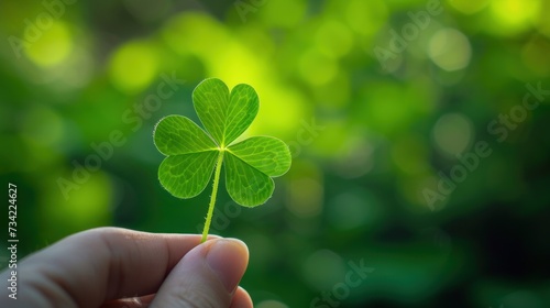  a hand holding a four leaf clover in front of a blurry background of a green leafed area, with a blurry background of trees and a person's hand holding a four leaf clover.