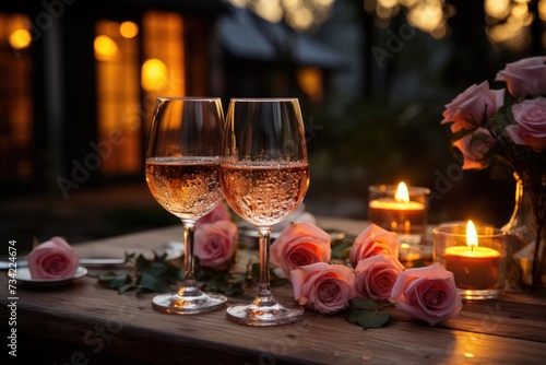 Rosé sparkling and romance in candlelight., generative IA