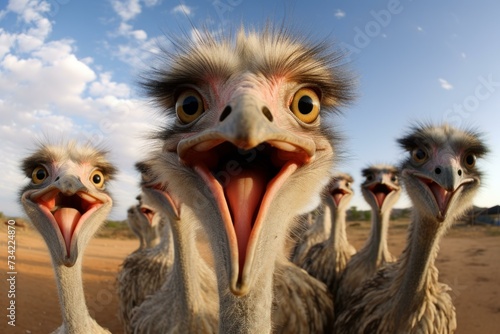 Extraordinary Ostrich selfie funny head. Nature eye bird. Generate Ai