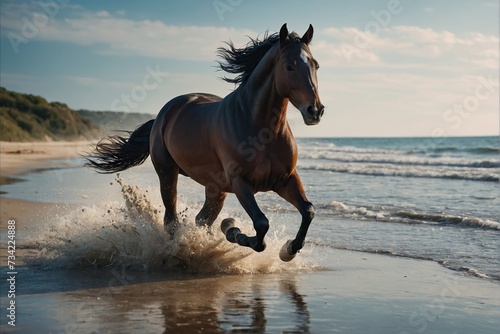 beautiful black horse playing on beach