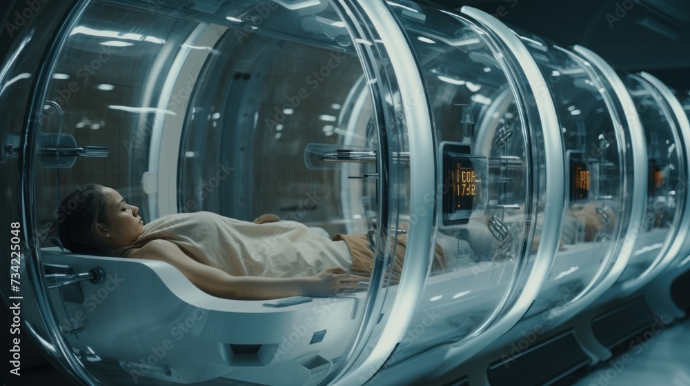 Team of astronauts in hypersleep anabiosis chamber aboard the orbital station. A crew of cosmonauts in hibernation. People in space. Galactic travel and science concept. - obrazy, fototapety, plakaty 