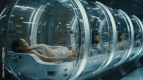 Team of astronauts in hypersleep anabiosis chamber aboard the orbital station. A crew of cosmonauts in hibernation. People in space. Galactic travel and science concept. photo