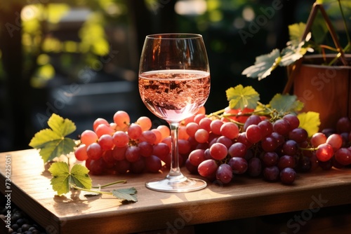 Cup of cold rosé and fresh grapes in the summer., generative IA