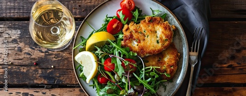 fish cutlet with a tasty garden salad and a glass of crisp white wine photo