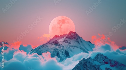  a mountain covered in clouds under a pink and blue sky with a full moon in the middle of the sky above the clouds is a pink and blue hued sky.