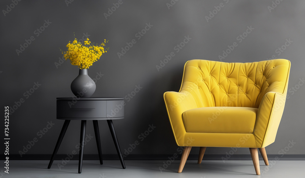 A modern minimalist interior design. Living room with empty concrete wall background in modern house. Yellow chair and black table in room. Generative Ai. - obrazy, fototapety, plakaty 
