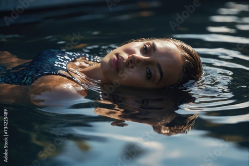 Beautiful girl in swimsuit lying in water with reflections on the surface