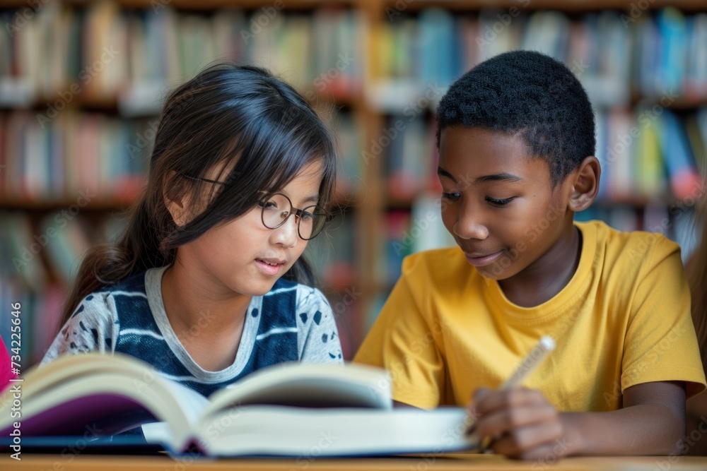 Two school kids sitting in a classroom, reading textbooks. Two school kids sitting in a classroom, reading textbooks.