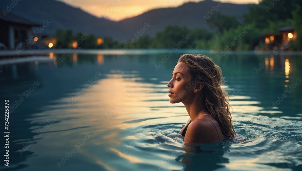 beautiful Woman enjoys serene swim in lagoon at dusk, nature's swimming pool, tranquil moment captured, wellness in natural habitat