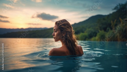 beautiful Woman enjoys serene swim in lagoon at dusk, nature's swimming pool, tranquil moment captured, wellness in natural habitat © LIFE LINE