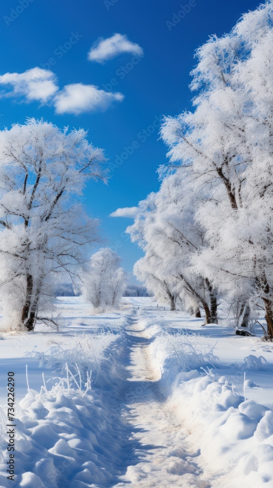 A snowy path cuts through a field, surrounded by untouched white snow. A snowy path cuts through a field, surrounded by untouched white snow.