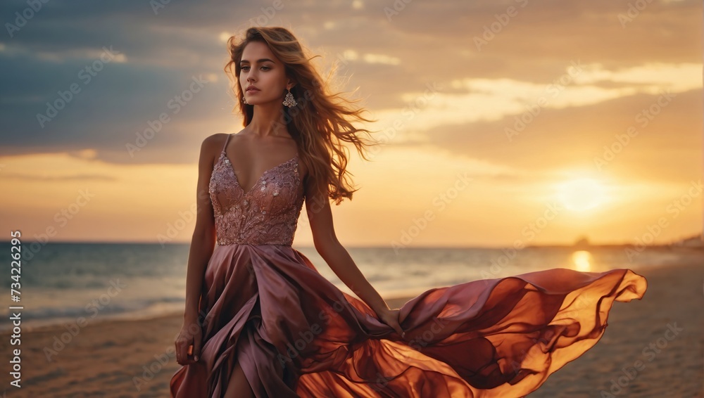 beautiful young woman in elegant dress on the beach at sunset