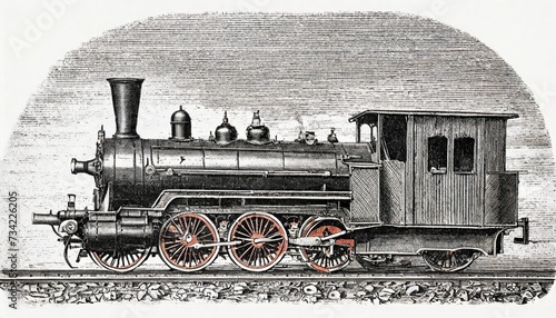antique locomotive steam train antique engraved illustration from brockhaus konversations lexikon 1908 photo
