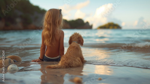Portrait little girl and dog on a beach in summer day


 photo