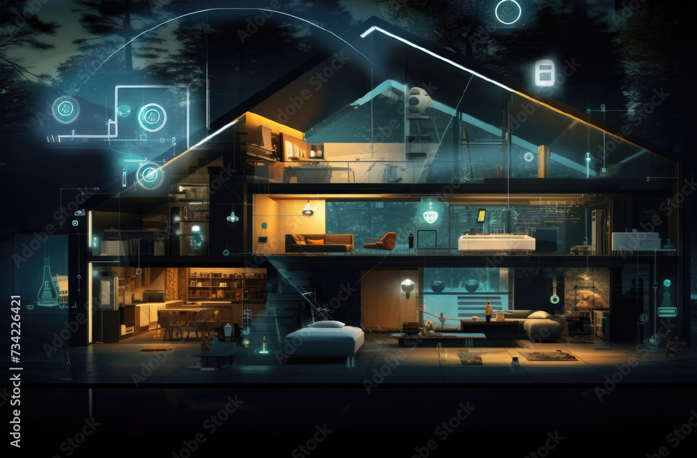 Digital composite of smart House with network interface In the evening