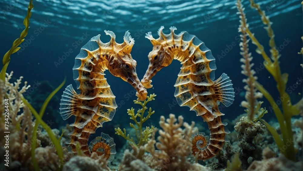 beauty of seahorses as they cling to seagrass beds, their intricate patterns and gentle movements captured in detail