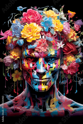 vertical Surreal Portrait of a Human with a Colorful flowers on his head and cubic face