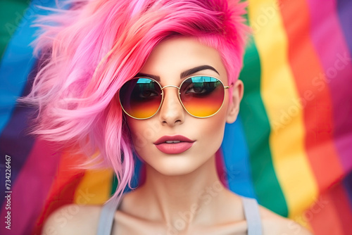 young Woman with Pink Hair and Sunglasses Against LGBT Rainbow flag Background