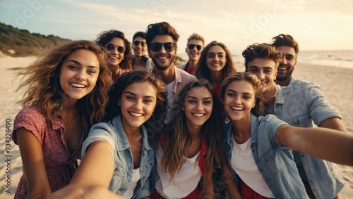 Big group of cheerful young friends taking selfie portrait on beach