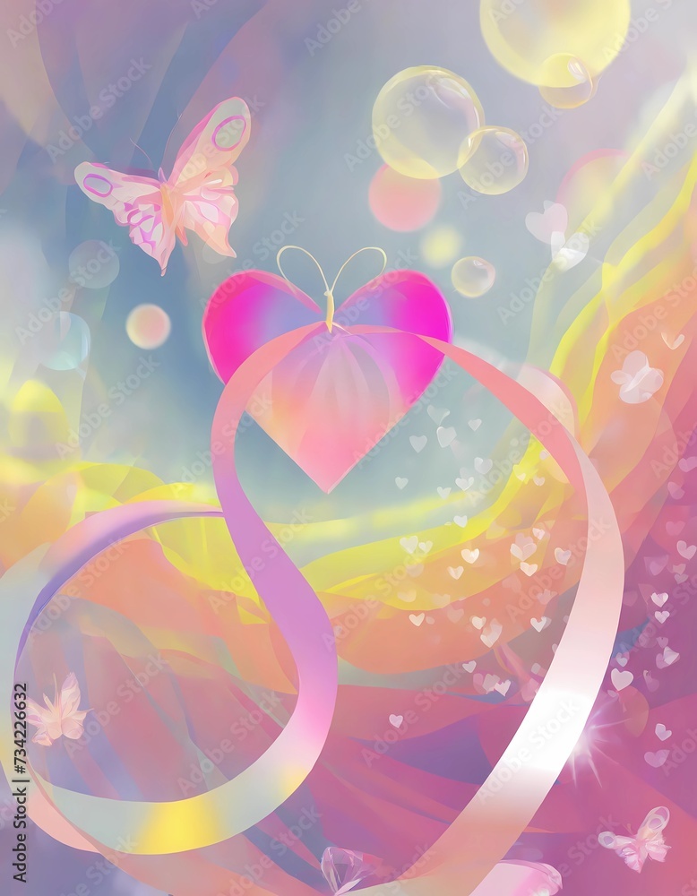 illustration of an background, heart with butterflies and flowers