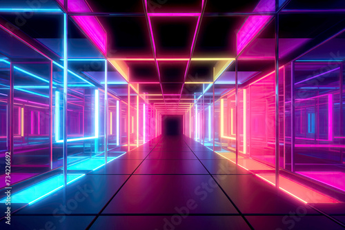 Futuristic space with colorful vibrant Neon Lights Tunnel