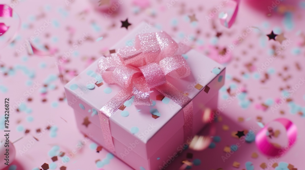 a pink gift box with a pink bow on it surrounded by confetti, streamers, and confetti cones on a pink background with confetti. a pink gift box with a pink bow on it surrounded by confetti, streamers, and confetti cones on a pink background with confetti.