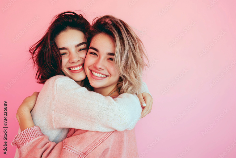 Two Joyful Women Hugging on Pink Background, LGBT Friendship Two Joyful Women Hugging on Pink Background, LGBT Friendship