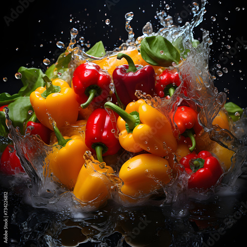 colorful peppers are water splashed against a black background