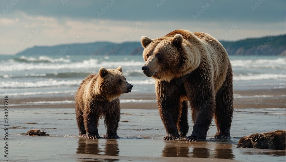  Brown bear mother with two cubs on beach