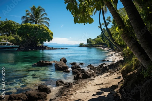 Untouched paradise bright blue lagoon, palm trees, white sand, boats., generative IA