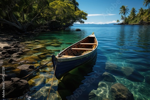 Untouched paradise bright blue lagoon, palm trees, white sand, boats., generative IA