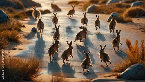 brown hare sprinting across the golden sands of the beach  the warm hues of the setting sun casting a magical glow over the landscape