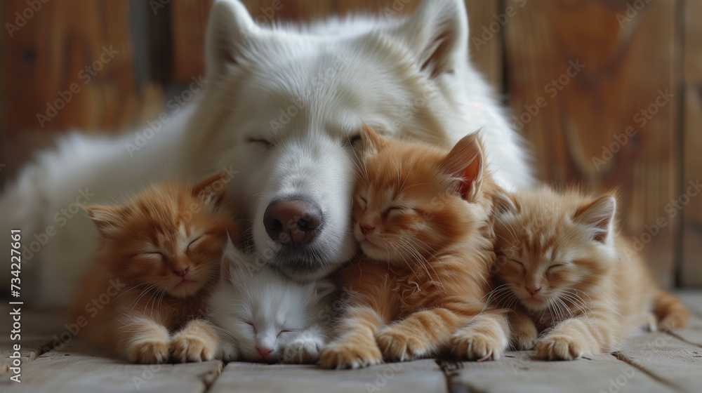 A Samoyed dog cuddles with three little kittens. and are sleeping happily A Samoyed dog cuddles with three little kittens. and are sleeping happily