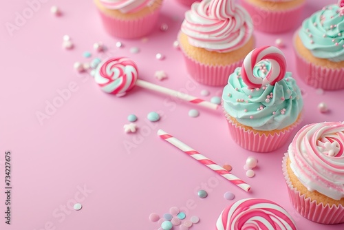 Pink table top on pink background with decorated lollipops and cupcakes, children birthday party