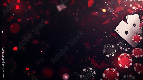 Dramatic casino themed backdrop with poker chips and ace card. ideal for gaming advertisements and graphic design. high contrast, dark background. AI