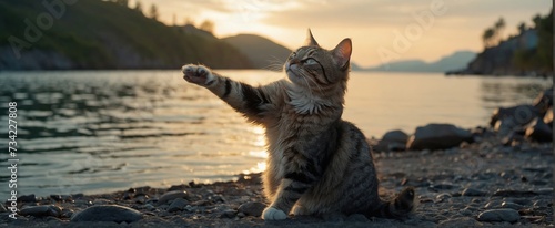 cat giving high five on shore photo