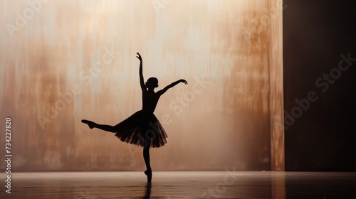  a ballerina in a ballet pose with her arms in the air and her leg in the air, in front of a wall with a light shining on the floor.