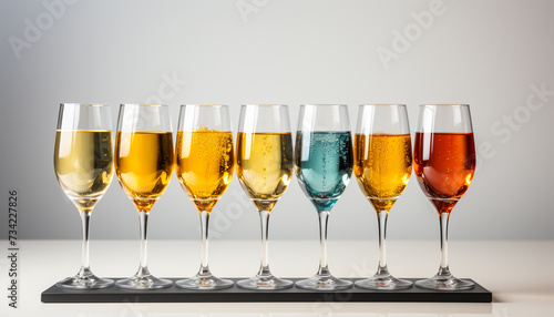 Celebration event champagne flutes in a row, yellow liquid, party generated by AI photo