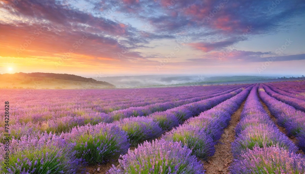 Fototapeta premium meadow of lavender at sunrise