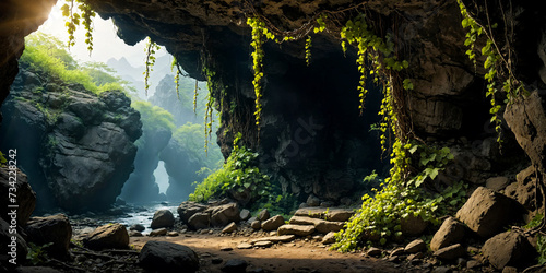 Cave in a jungle environment.