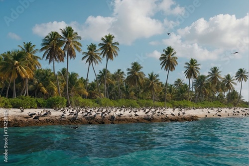 coastline dotted with palm trees and inhabited by various coastal birds  including pelicans and seagulls  against the backdrop of azure waters
