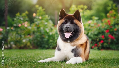 american akita in the garden on the green lawn portrait of a dog s exhibition stand photo