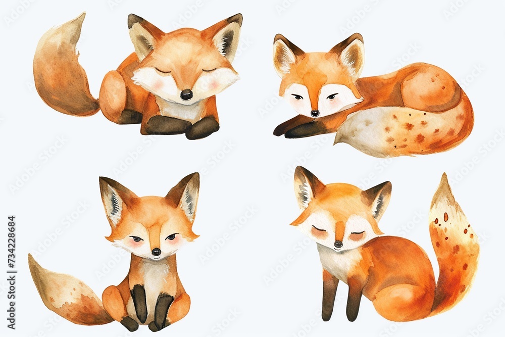 Set of cute fox in different poses in style watercolor Set of cute fox in different poses in style watercolor