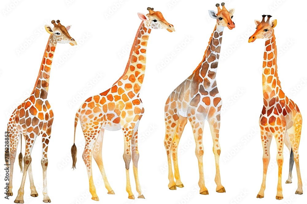Fototapeta premium Set of adorable giraffe in different poses in style watercolor, standing tall and graceful