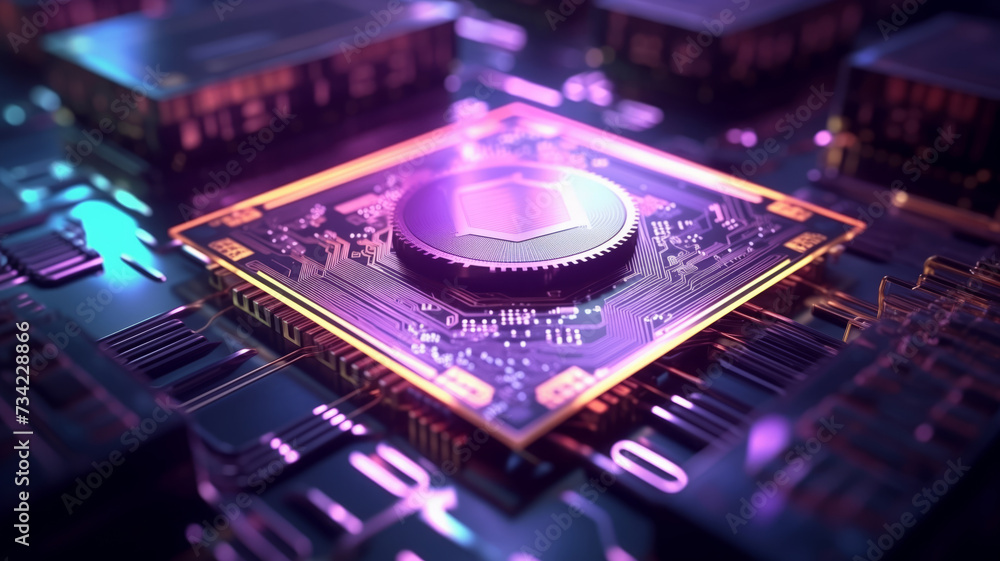 Concept CPU microchip for ai and data network. Close-up view of modern chip gpu card with circuit blue neon lights	
