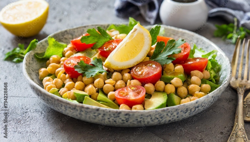 chickpea diet salad with tomato avocado and lemon juice on concrete table